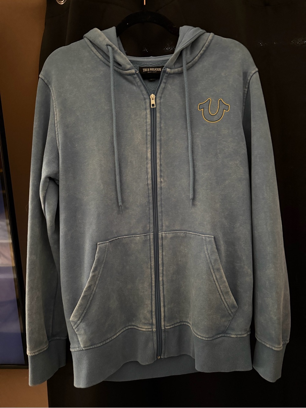 True Religion Light Blue Hooded Zip Sweatshirt with Logo Tag
